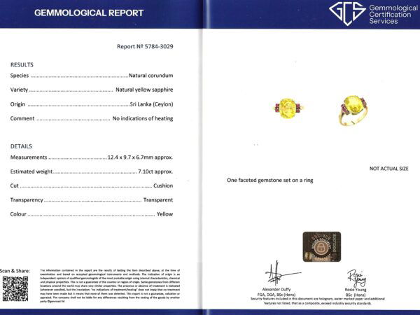 Yellow Sapphire Ring with Rubies in Gold certificate