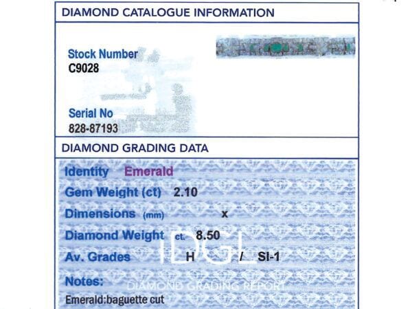 platinum Art Deco emerald bracelet grading card