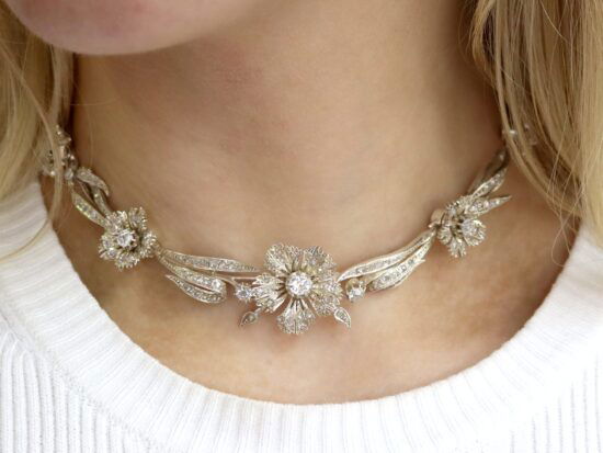 wearing antique floral diamond necklace