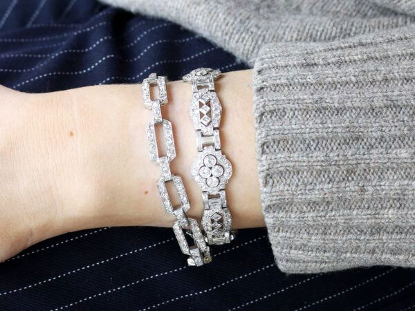 art deco diamond bracelets on the wrist