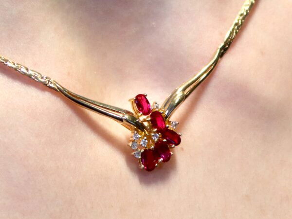 Vintage Ruby Necklace in 18k Yellow Gold wearing