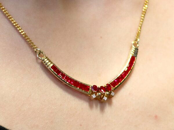 vintage yellow gold and ruby necklace wearing