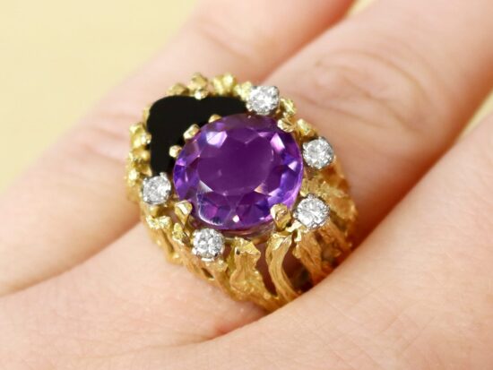 Vintage Amethyst and Onyx Ring on finger