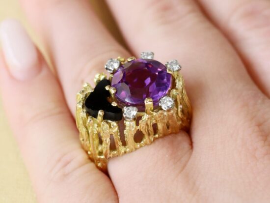 Vintage Amethyst and Onyx Ring on hand