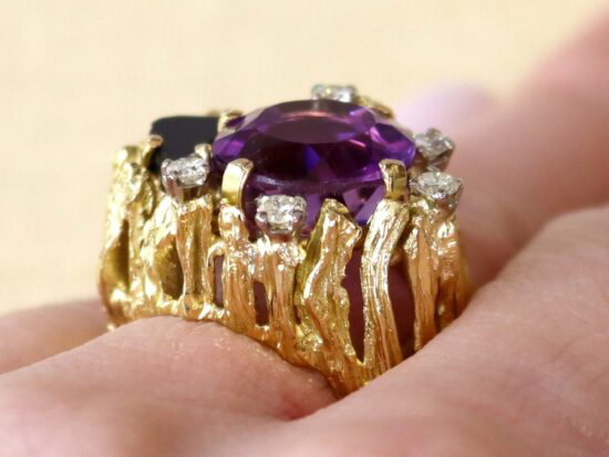 Vintage Amethyst and Onyx Ring on finger