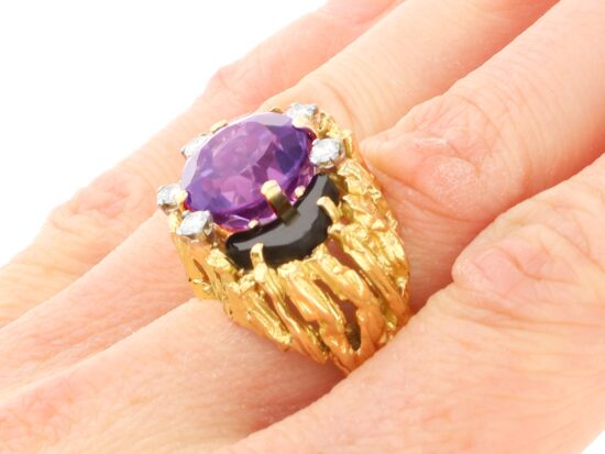 Vintage Amethyst and Onyx Ring on hand