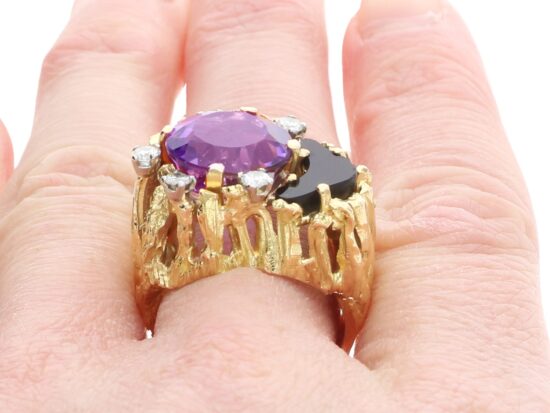Vintage Amethyst and Onyx Ring on finger