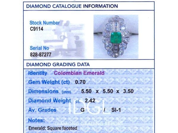 art deco emerald and diamond ring grading card