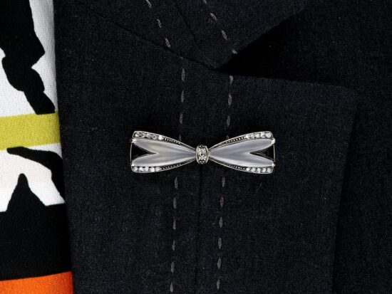 Rock Crystal and Diamond Bow Brooch wearing
