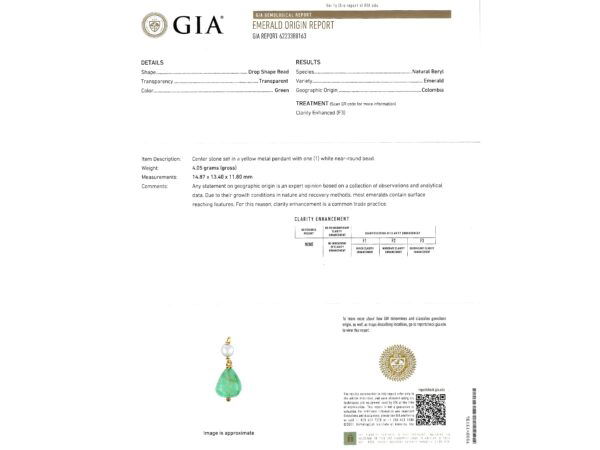GIA certified emerald pendant grading certificate