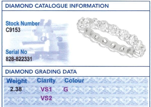 2.38 Carat Diamond Eternity Ring in 18k White Gold grading card