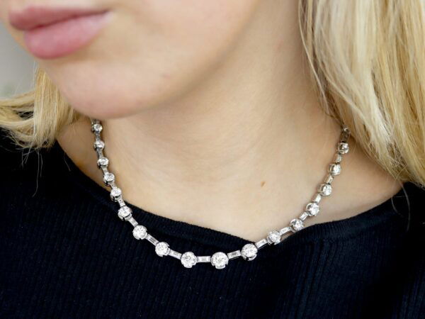 1930s Art Deco Diamond Necklace on neck