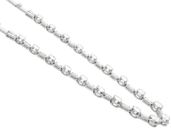 side of Art Deco Baguette and Round Cut Diamond Necklace in platinum