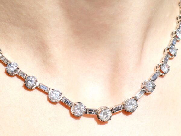 Art Deco Baguette and Round Cut Diamond Necklace on neck