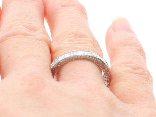 Platinum Full Diamond Eternity Ring on finger