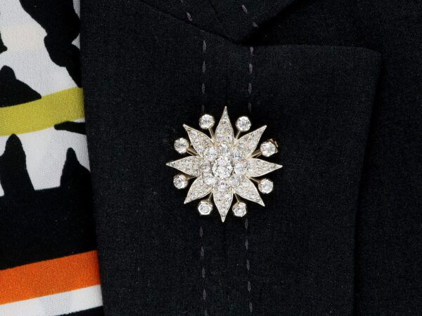 wearing Edwardian diamond star brooch