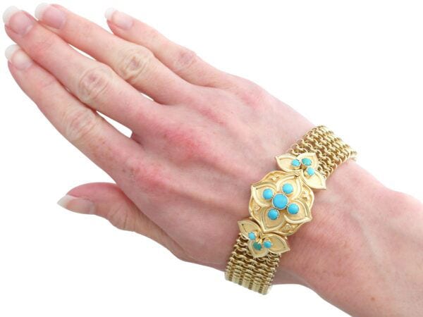 Antique Turquoise Cluster Bracelet On Hand