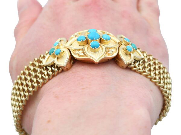 Antique Turquoise Cluster Bracelet On Wrist Close Up