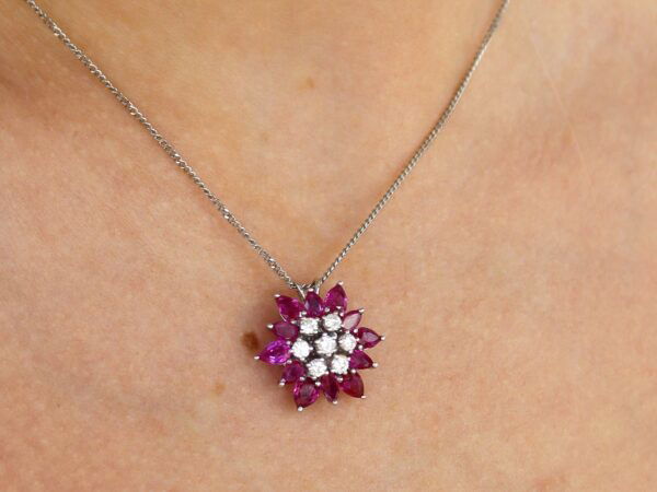 wearing Floral Pear Cut Ruby Pendant