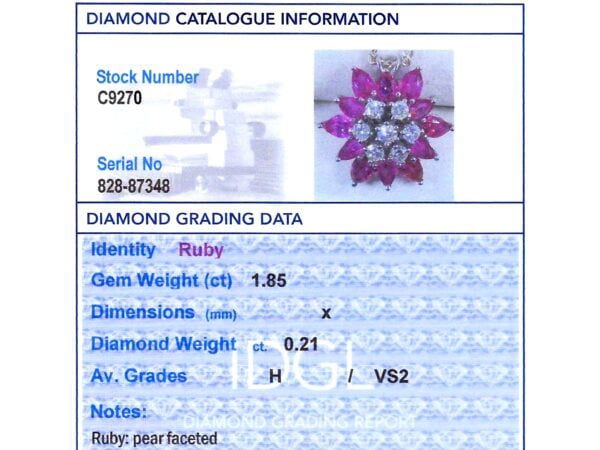 Floral Pear Cut Ruby Pendant grading card