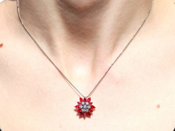 Floral Pear Cut Ruby Pendant wearing