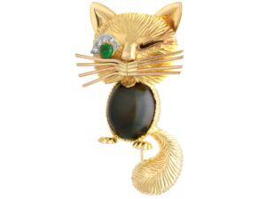 Vintage Gemstone and Gold Cat Brooch