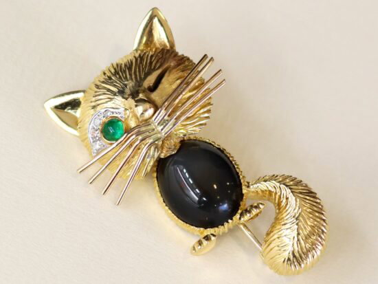 Vintage Gemstone and Gold Cat Brooch