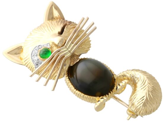 Vintage Gemstone and Gold Cat Brooch