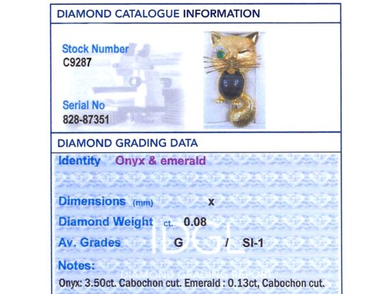 Vintage Gemstone and Gold Cat Brooch grading card