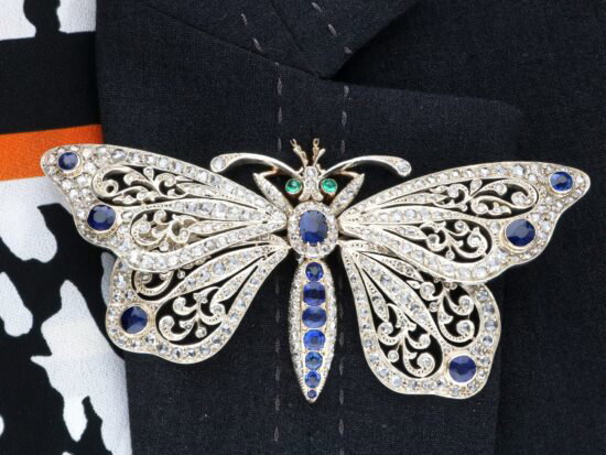 Large Victorian Sapphire and Diamond Butterfly Brooch wearing