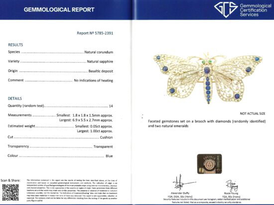 Large Victorian Sapphire and Diamond Butterfly Brooch certificate