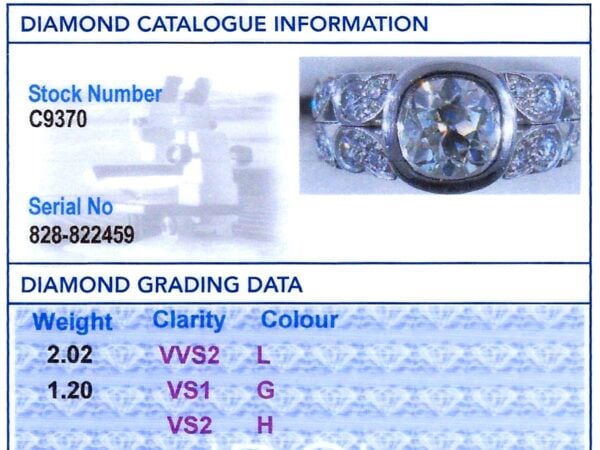2 carat bezel set diamond ring grading card