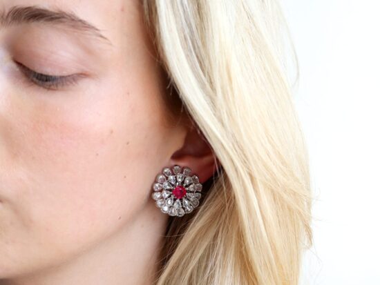 Ruby Earrings On Lobe Closeup