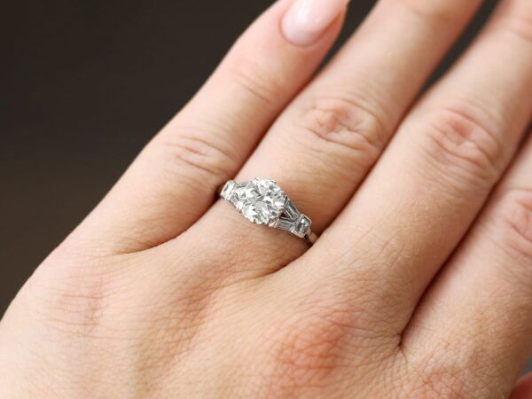 Art Deco Diamond Solitaire Ring in Platinum on finger