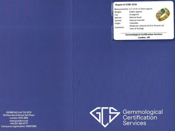gcs grading certificate for antique emerald and diamond gold band