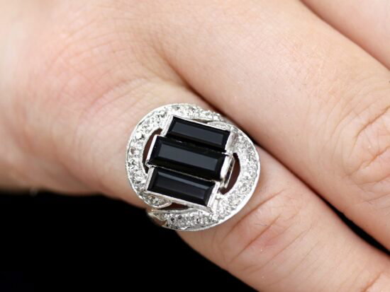 Onyx Art Deco Ring with Diamonds wearing