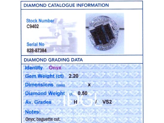 Onyx Art Deco Ring with Diamonds grading card