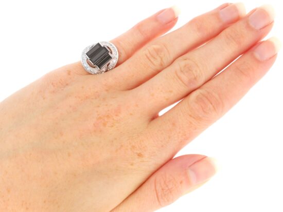 Onyx Art Deco Ring with Diamonds wearing