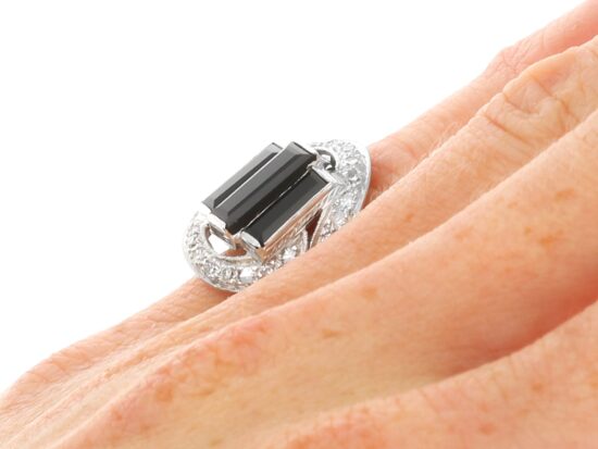 Onyx Art Deco Ring with Diamonds on hand