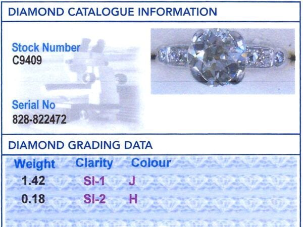old European cut diamond solitaire ring grading card for diamonds