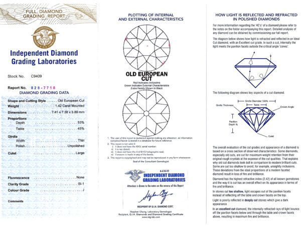 old European cut diamond solitaire ring grading certificate main stone
