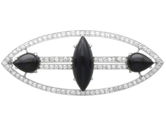 Navette Onyx and Diamond Brooch with Diamonds