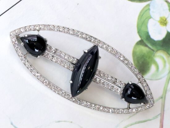 Navette Onyx and Diamond Brooch with Diamonds