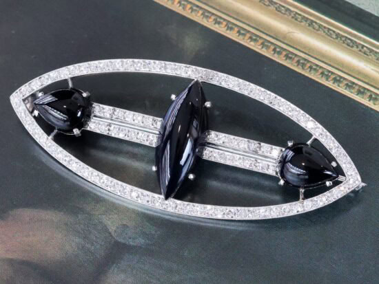 Navette Onyx and Diamond Brooch with Diamonds