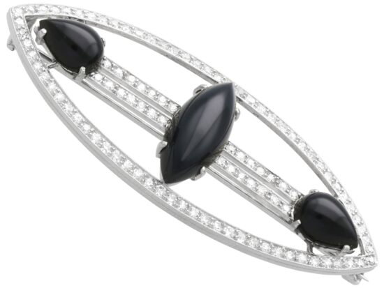 Navette Onyx and Diamond Brooch with Diamonds