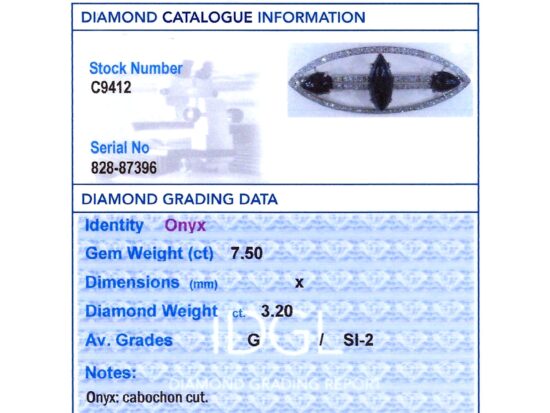 Navette Onyx and Diamond Brooch with Diamonds grading card