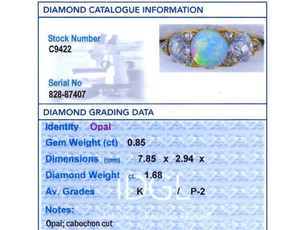opal and diamond trilogy ring grading card