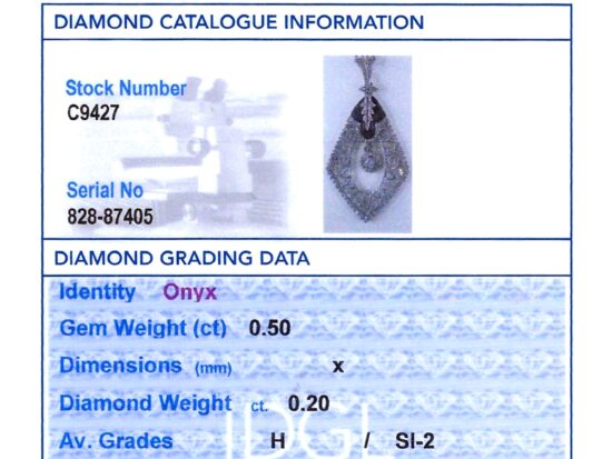 Black Onyx and Diamond Pendant in Platinum grading card