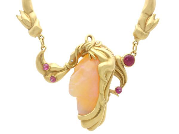 gold carved opal and ruby necklace