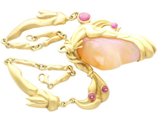 18ct yellow gold carved opal and ruby necklace